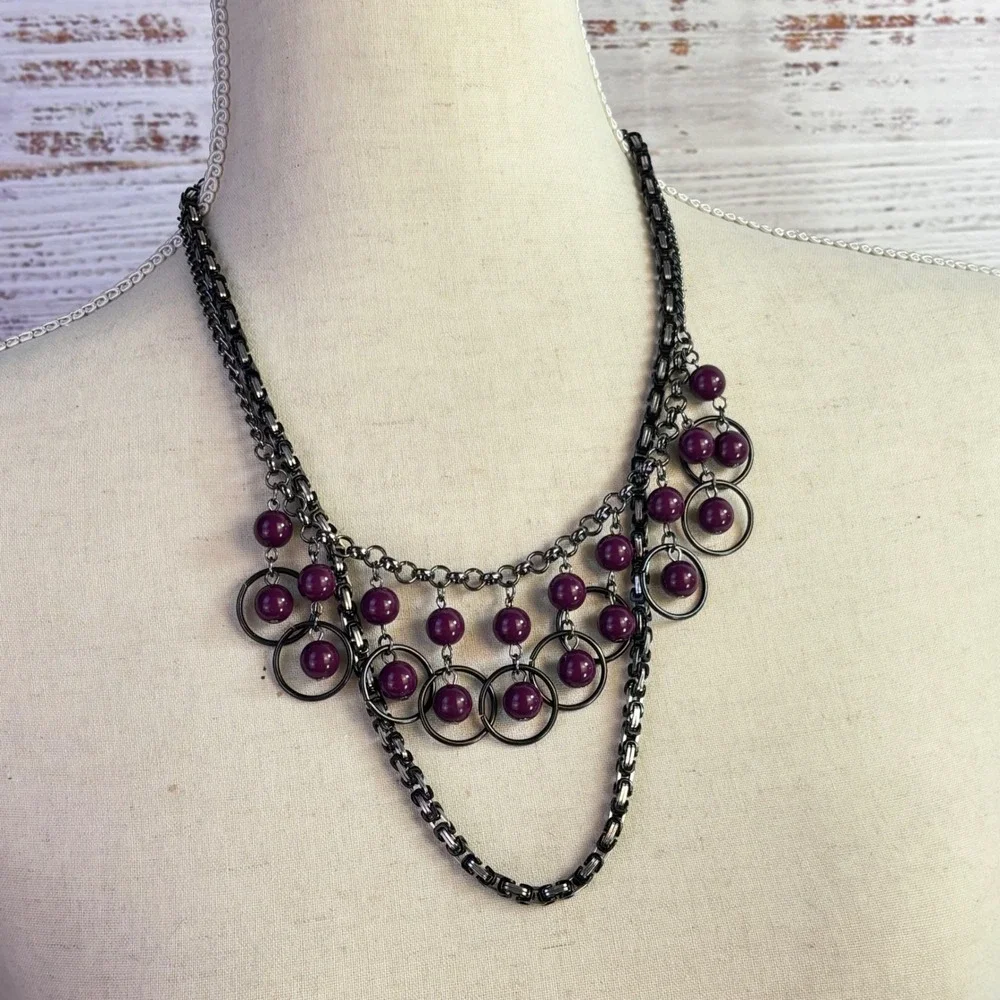 Goth Grunge Vintage Bib Necklace Set Purple Gunmetal Metal Beads Witchy Alt